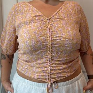 H&M Pink and Yellow Floral Ruched Blouse